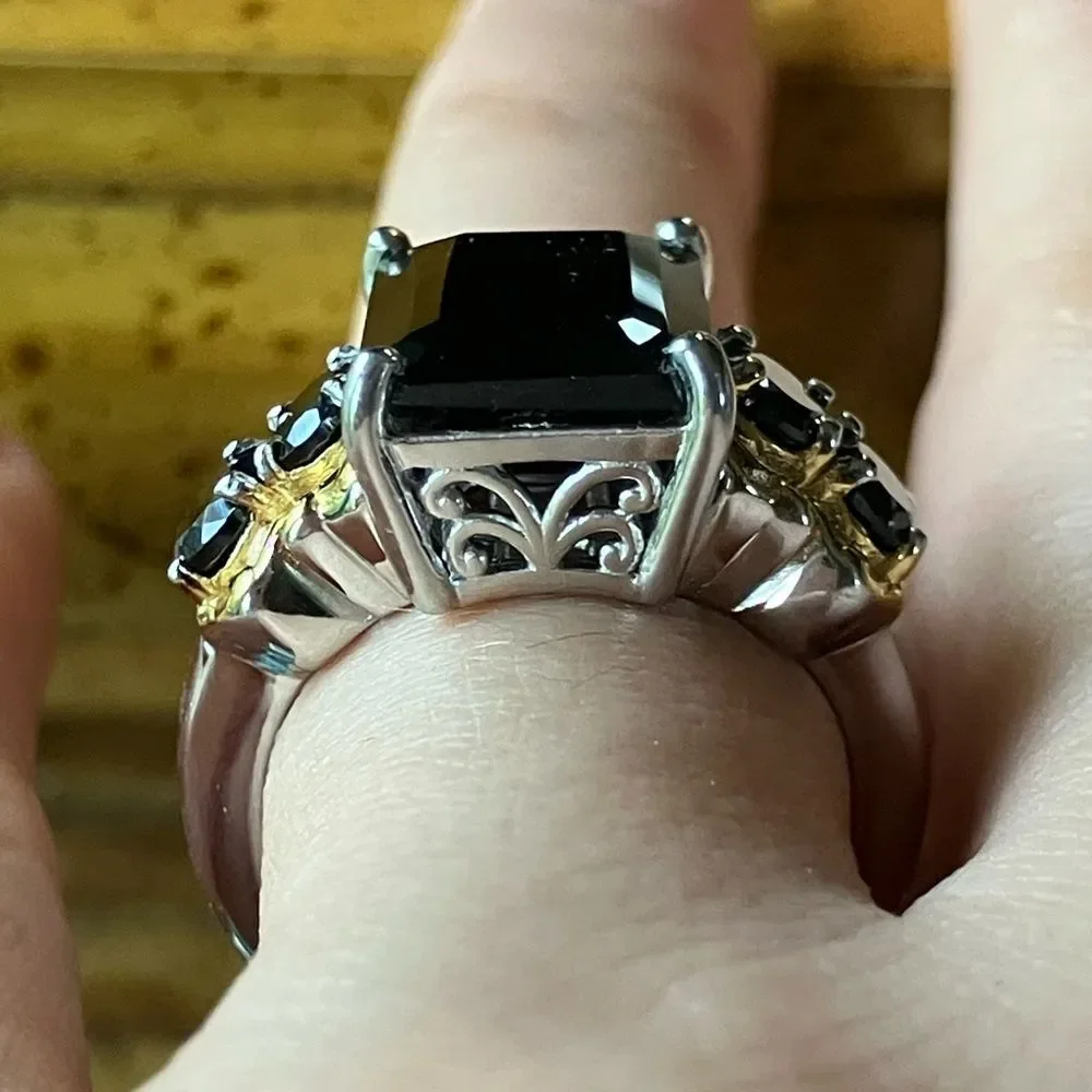 Natural Black Spinel Sterling Silver Cocktail Ring Size 7
